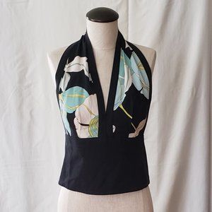 TRINA TURKS Women's Black Silk Halter White Floral Print Backless Tie Size M